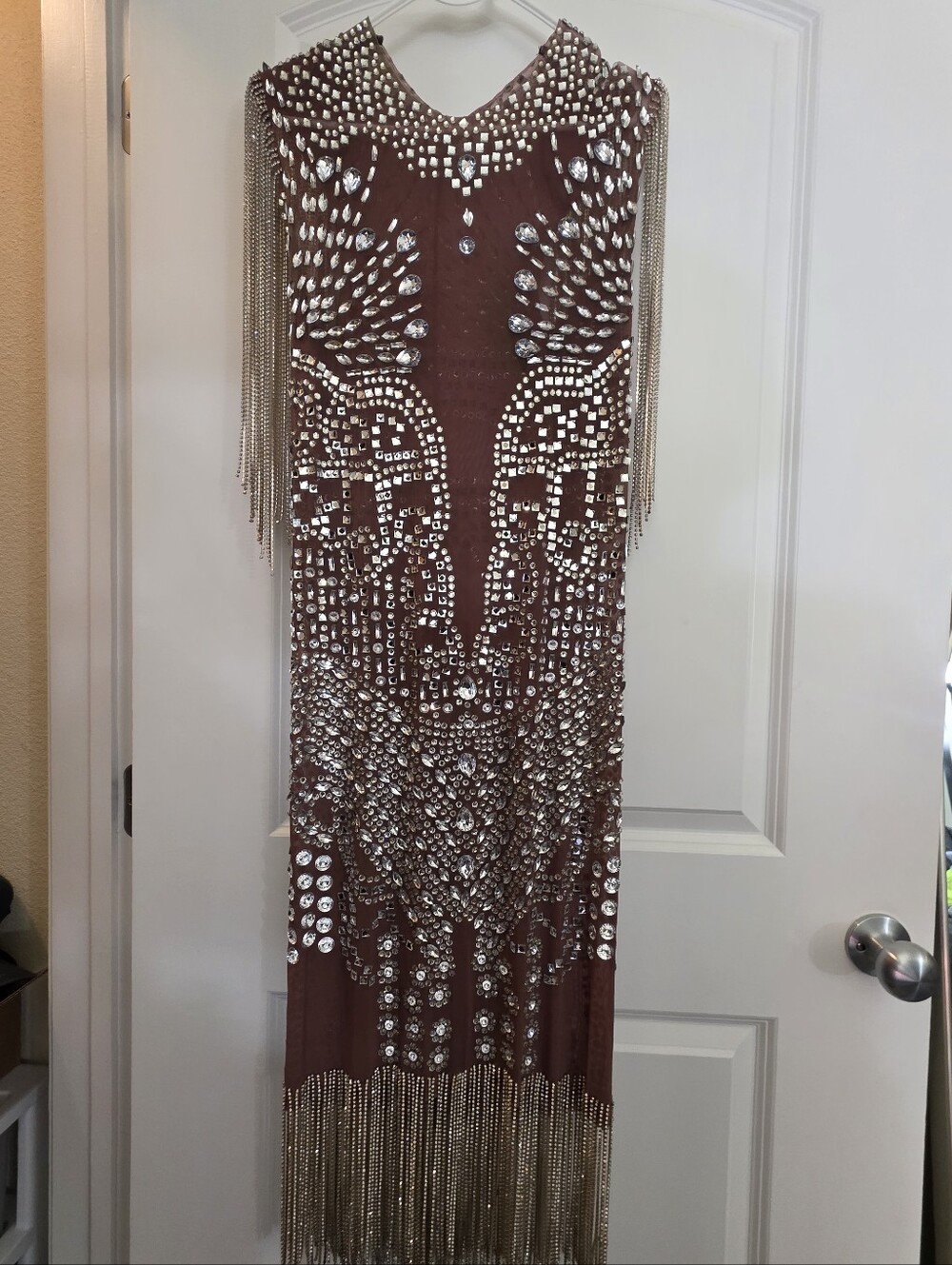 Fringe Sequin Embellished SHEER Brown Evening Dress